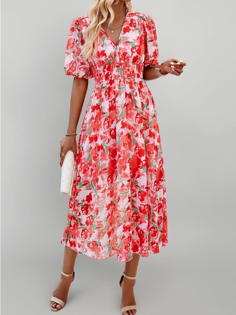 Summery Floral V-Neck Maxi Dress in Red and Pink